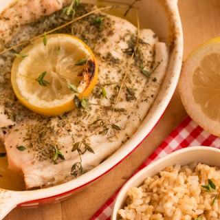 For a quick and light lunch or dinner nothing better than healthy, protein packed fish baked with lemon and thyme for a fresh yet delicious Mediterranean taste. Best with salad or grilled vegetables, especially fresh or grilled tomatoes, which complement the fish wonderfully!